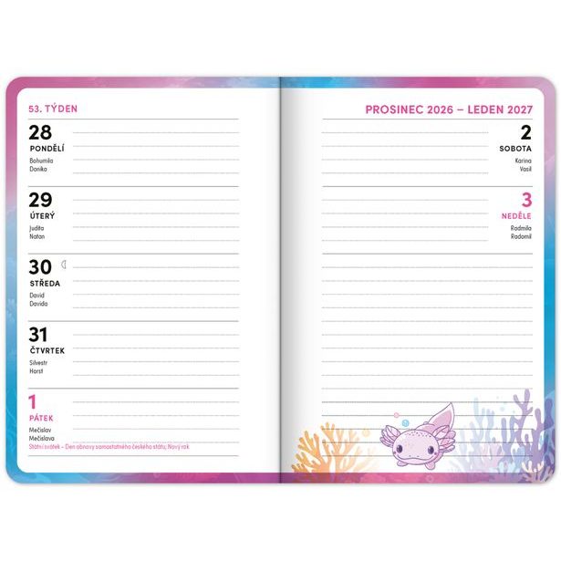 NOTIQUE Školní diář Axolotl (září 2026 – prosinec 2027), 9,8 x 14,5 cm