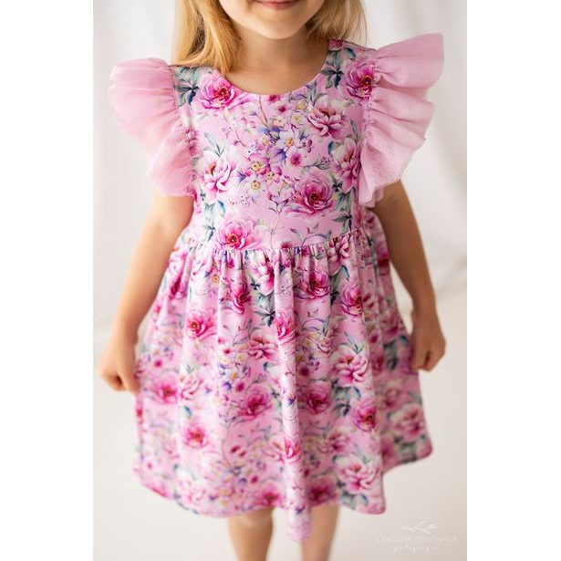 Dívčí šaty s tylovým rukávem květy