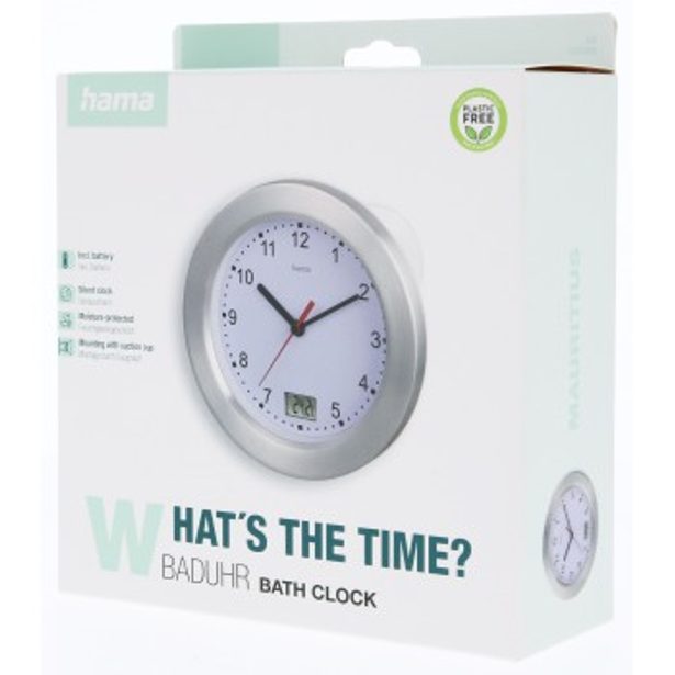 Hama Mauritius, hodiny do koupelny, průměr 17 cm, teploměr, přísavky, tichý chod, hliníkové