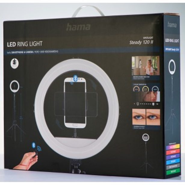 Hama SpotLight Steady 120 II, kruhové LED světlo 12" pro telefon, Bluetooth spoušť, stativ
