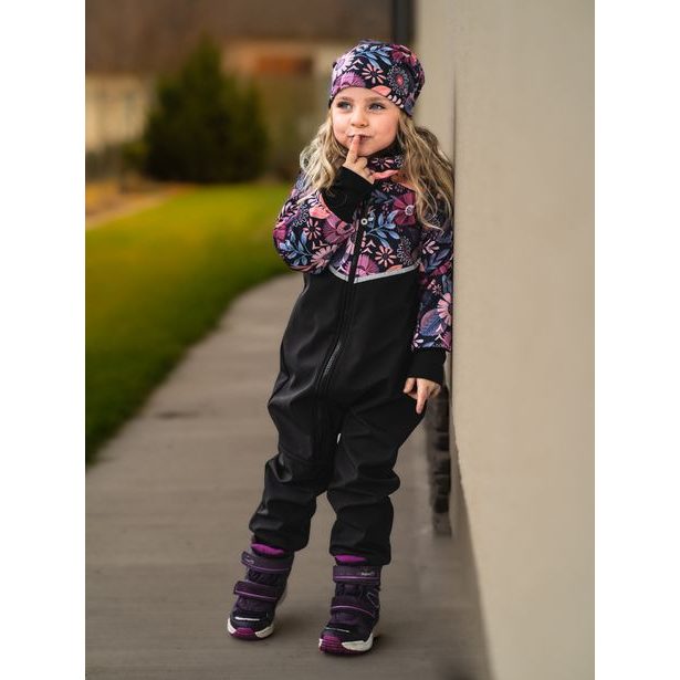 Unuo, Batolecí softshellová kombinéza s fleecem Mini, Černá, Kouzelné květiny