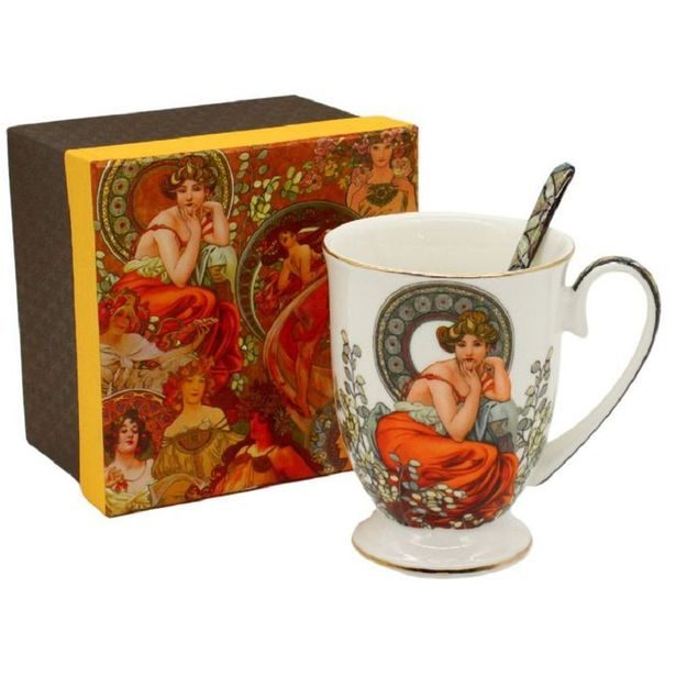 hrnek 280ml+lžička, A.MUCHA, světlý, DB, porcelán