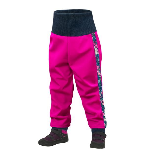 Unuo, Softshellové kalhoty batolecí s fleecem Street, Fuchsiová, Květinky (Softshell toddler trousers Street with fleece, flowers, fuchsia)