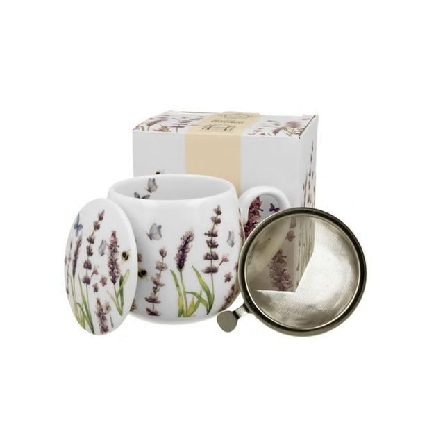 hrnek 430ml baňatý LEVANDULE+víčko+sítko NR, porcelán, DB