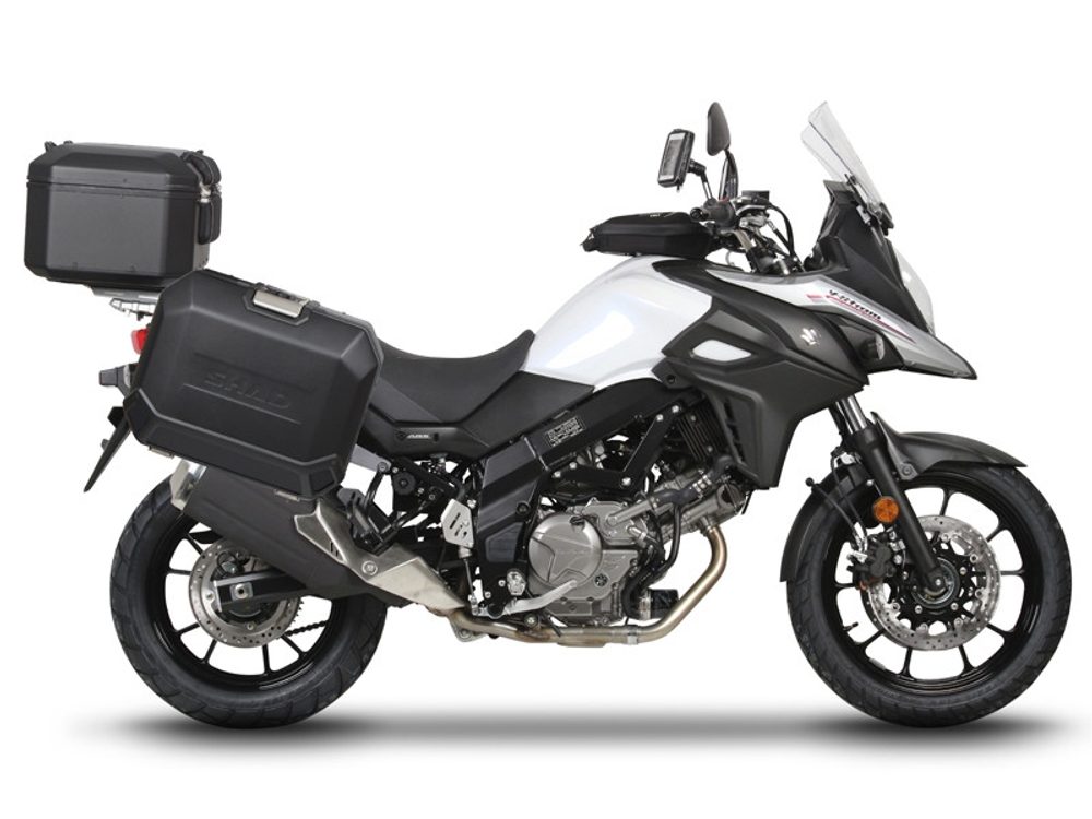 SHAD Kompletní sada černých hliníkových kufrů SHAD TERRA BLACK, 37L topcase 36L/36L boční kufry, včetně montážní sady a plotny SHAD SUZUKI DL 650 V-Strom