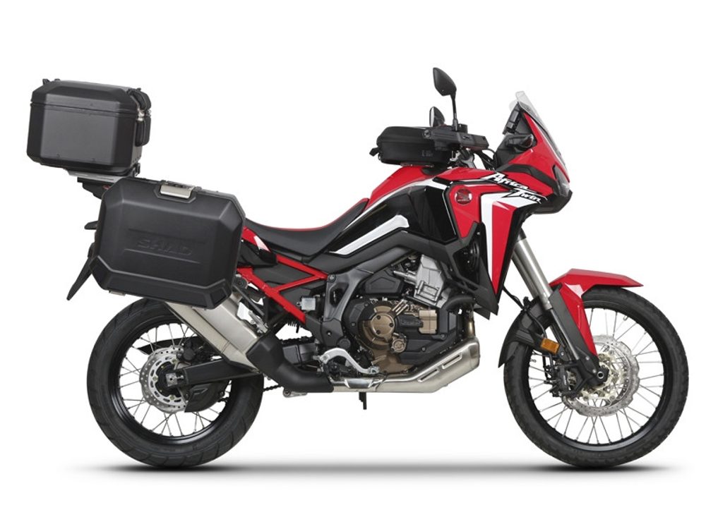 SHAD Kompletní sada černých hliníkových kufrů SHAD TERRA BLACK, 48L topcase 36L/47L boční kufry, včetně montážní sady a plotny SHAD HONDA CRF 1100 Africa Twin