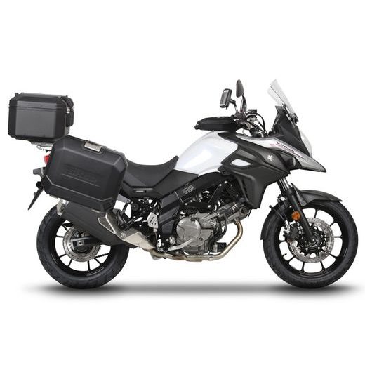 KOMPLETNÍ SADA ČERNÝCH HLINÍKOVÝCH KUFRŮ SHAD TERRA BLACK, 48L TOPCASE 36L/36L BOČNÍ KUFRY, VČETNĚ MONTÁŽNÍ SADY A PLOTNY SHAD SUZUKI DL 650 V-STROM