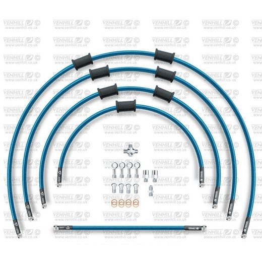 STANDARD HADICE PŘEDNÍ BRZDY SADA VENHILL POWERHOSEPLUS YAM-9001F-TB (5HADIC V SADĚ) PRŮHLEDNĚ MODRÉ HADICE, CHROMOVÉ KONCOVKY - LANKA A HADICE - NA MOTORKU
