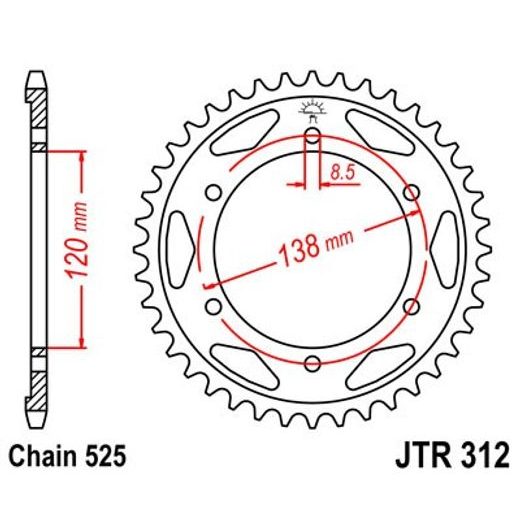 ŘETĚZOVÁ ROZETA JT JTR 312-40 40 ZUBŮ, 525 - OCELOVÉ - NA MOTORKU