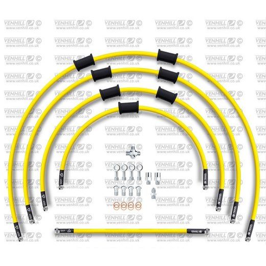 STANDARD HADICE PŘEDNÍ BRZDY SADA VENHILL POWERHOSEPLUS KAW-11006F-YE (3 HADICE V SADĚ) ŽLUTÉ HADICE, CHROMOVÉ KONCOVKY - LANKA A HADICE - NA MOTORKU