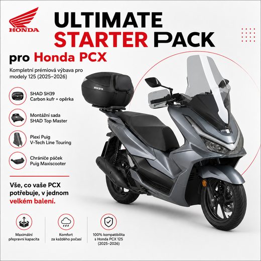 ULTIMATE STARTER PACK: KUFR SHAD SH39 + OPĚRKA + MONTÁŽNÍ SADA + PLEXI ŠTÍT A CHRÁNIČE PÁČEK PUIG PRO HONDA PCX 125 (2025 - 2026) - NÁHRADNÍ DÍLY A TUNING - NA MOTORKU