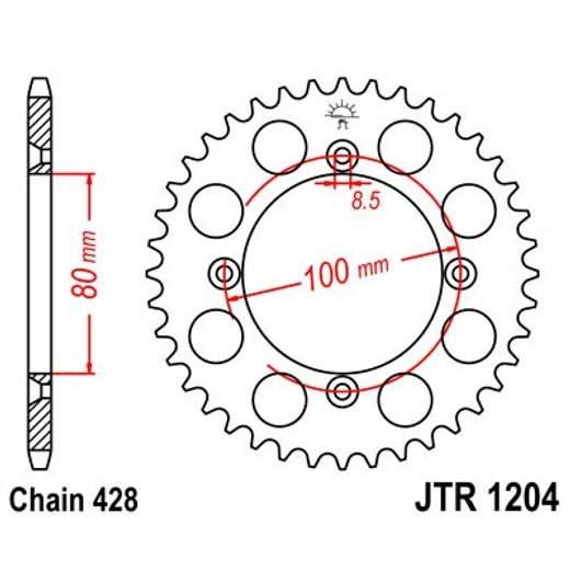 ŘETĚZOVÁ ROZETA JT JTR 1204-49 49 ZUBŮ, 428 - OCELOVÉ - NA MOTORKU