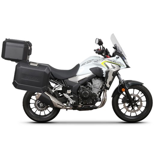 KOMPLETNÍ SADA ČERNÝCH HLINÍKOVÝCH KUFRŮ SHAD TERRA BLACK, 48L TOPCASE 47L/47L BOČNÍ KUFRY, VČETNĚ MONTÁŽNÍ SADY A PLOTNY SHAD HONDA CB 500 X