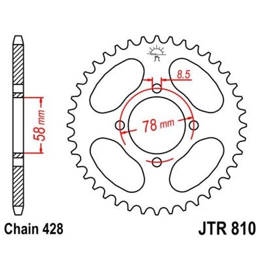 ŘETĚZOVÁ ROZETA JT JTR 810-43 43 ZUBŮ, 428 - OCELOVÉ - NA MOTORKU