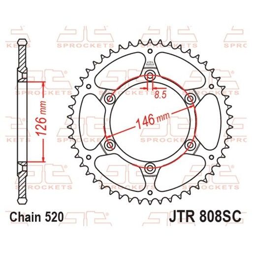 ŘETĚZOVÁ ROZETA JT JTR 808-51SC 51 ZUBŮ, 520 SAMOČISTÍCÍ, NÍZKÁ HMOTNOST - OCELOVÉ - NA MOTORKU
