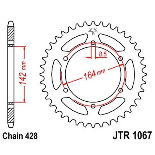 ŘETĚZOVÁ ROZETA JT JTR 1067-52 52 ZUBŮ, 428 - OCELOVÉ - NA MOTORKU