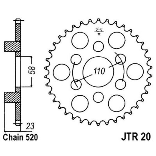 ŘETĚZOVÁ ROZETA JT JTR 20-41 41 ZUBŮ, 520 - OCELOVÉ - NA MOTORKU