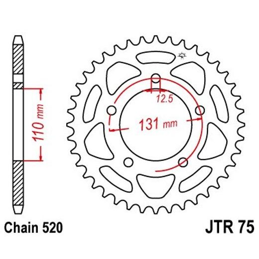 ŘETĚZOVÁ ROZETA JT JTR 75-43 43 ZUBŮ, 520 - OCELOVÉ - NA MOTORKU