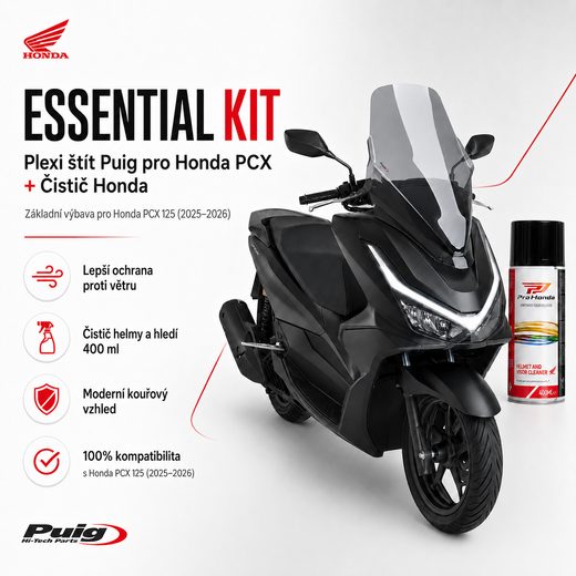 ESSENTIAL KIT: PLEXI ŠTÍT PUIG V-TECH LINE PRO HONDA PCX 125 (2025 - 2026) + ČISTIČ HONDA - PLEXI ŠTÍTY - NA MOTORKU