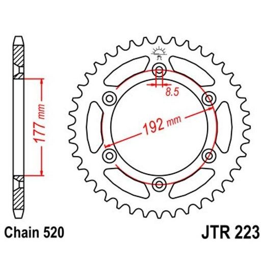 ŘETĚZOVÁ ROZETA JT JTR 223-52 52 ZUBŮ, 520 - OCELOVÉ - NA MOTORKU