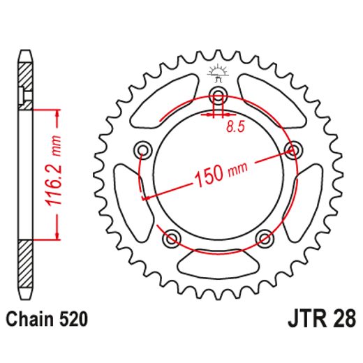 ŘETĚZOVÁ ROZETA JT JTR 28-43 43 ZUBŮ, 520 - OCELOVÉ - NA MOTORKU
