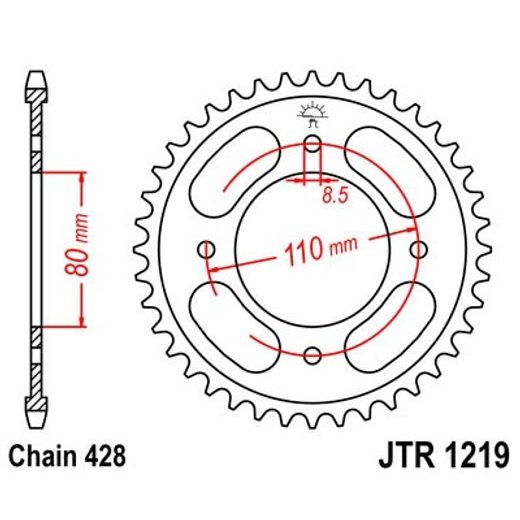 ŘETĚZOVÁ ROZETA JT JTR 1219-42 42 ZUBŮ, 428 - OCELOVÉ - NA MOTORKU