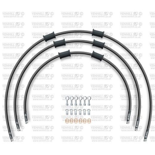 STANDARD HADICE PŘEDNÍ BRZDY SADA VENHILL POWERHOSEPLUS KAW-15002FS-BK (3 HADICE V SADĚ) ČERNÉ HADICE, NEREZOVÉ KONCOVKY - LANKA A HADICE - NA MOTORKU