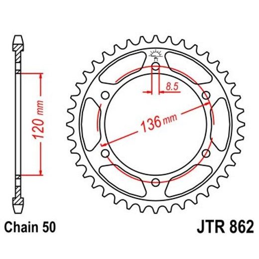 ŘETĚZOVÁ ROZETA JT JTR 862-45 45 ZUBŮ, 530 - OCELOVÉ - NA MOTORKU