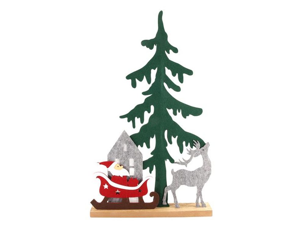 SVENSKA LIVING SANTA CLAUS NA SANÍCH S PLSTĚNÝM STROMEM 31.5CM_hamashop