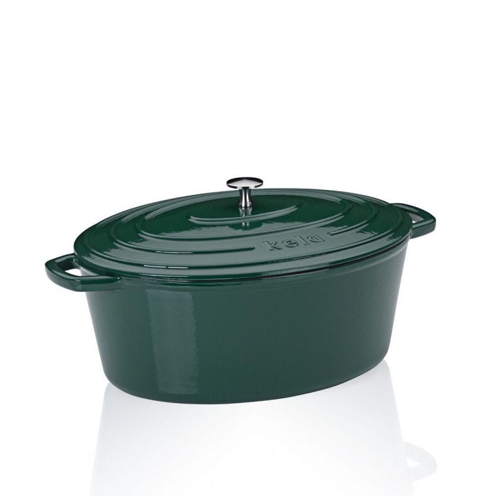 KELA Pekáč litinový s poklicí Calido oválný smaragdově zelená 36x29x15cm 9,3l KL-12903