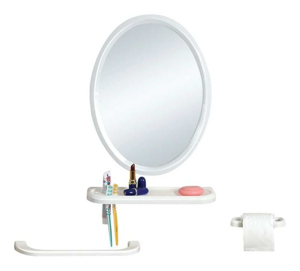 zrcadlo 50x39cm ovál+polička+2držáky-mýdlo,ručník plast.rám