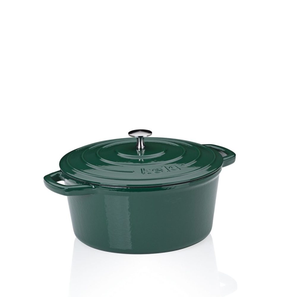 KELA Pekáč litinový s poklicí Calido kulatý smaragdově zelená 26x12 cm 4,6l KL-12901