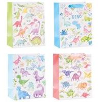 taška dárk. M, DINO s glitry, DĚTSKÁ, 4 barvy, 23x18x10cm, papír