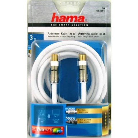 HAMA ANTÉNNY KÁBEL 120 DB, 3 M, POZLÁTENÝ, FERITOVÉ FILTRE, OPLETENÝ, KOVOVÉ VIDLICE