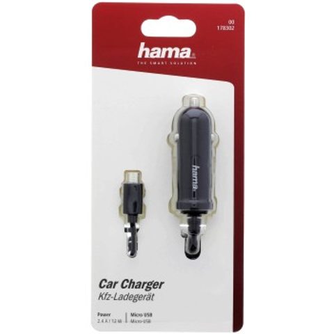 HAMA NABÍJEČKA DO VOZIDLA S KABELEM, MICRO USB, 2,4 A, ČERNÁ