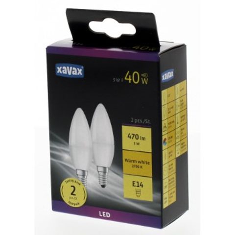 XAVAX LED BULB, E14, 470 LM REPLACES 40 W, CANDLE BULB, WARM WHITE, 2 PCS