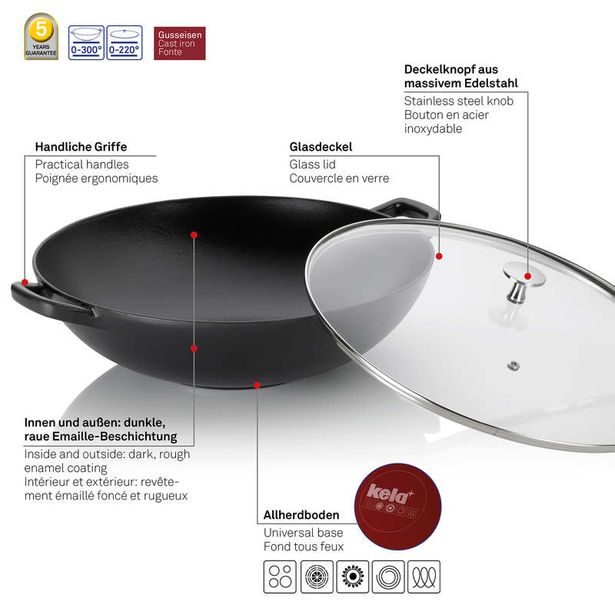 KELA Wok litinový s poklicí CALIDO 36 cm černá KL-12475
