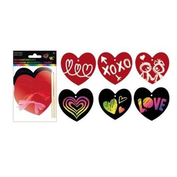 dekorace SRDÍČKO 11cm, 6ks, škrabací, 2rydla, 6mašliček