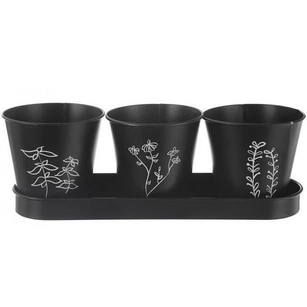 květ. d11x10,cm, 3ks, podmiska 33x11cm, bylinky, BLACK, kov