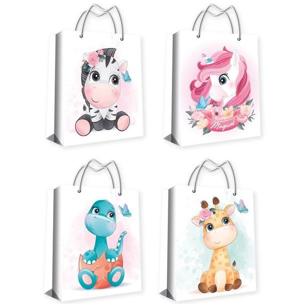 taška dárk. L, DĚTSKÉ, 4 motivy, glitr., papír