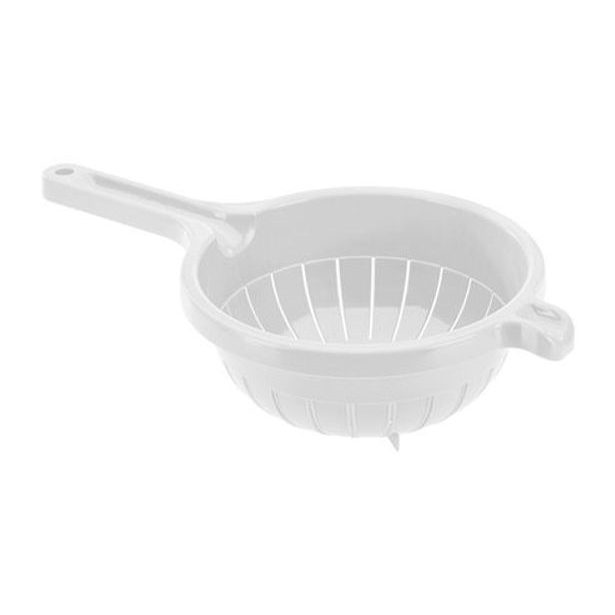 cedník d19x19cm, stojící s rukojetí, bílý, plast