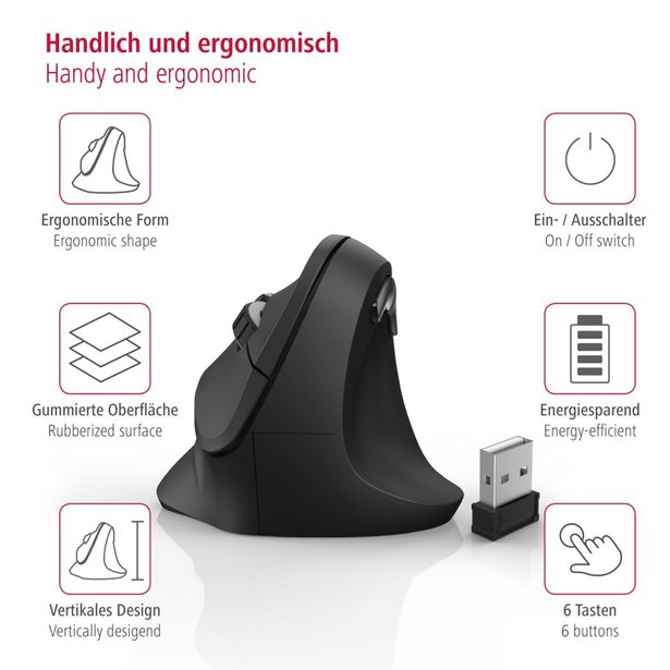 Hama vertikální ergonomická bezdrátová myš EMW-500, 6 tlačítek, černá