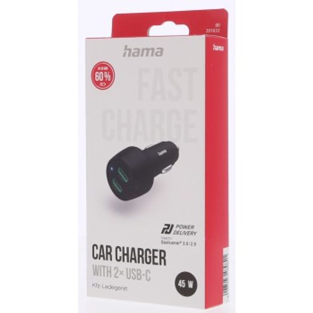 Hama rychlá USB nabíječka do vozidla, 2x USB-C PD/QC, 45 W