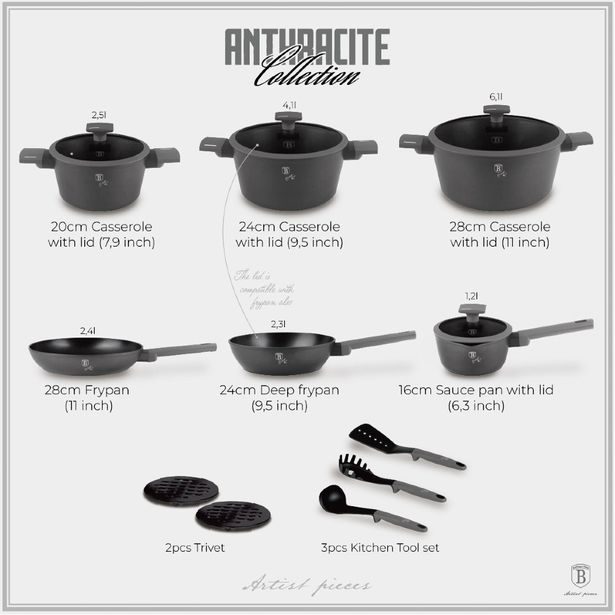 BERLINGERHAUS Sada nádobí s titanovým povrchem 15 ks Antracit Collection BH-8141