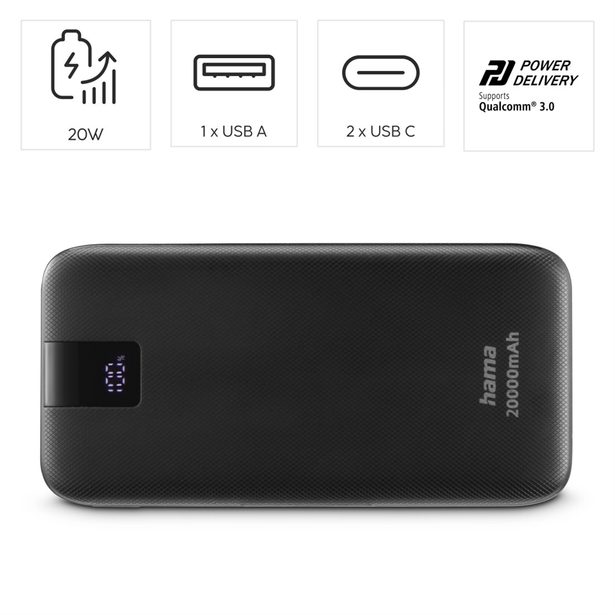 Hama PD 20 powerbanka, 20000 mAh, 3 výstupy: 1x USB-C, 2x USB-A, LED displej, PD, Qualcomm