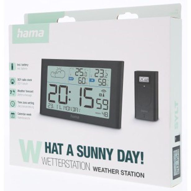 Hama Sylt, meteostanice, bezdrátový senzor, DCF hodiny, teplota, vlhkost, počasí, baterie, černá