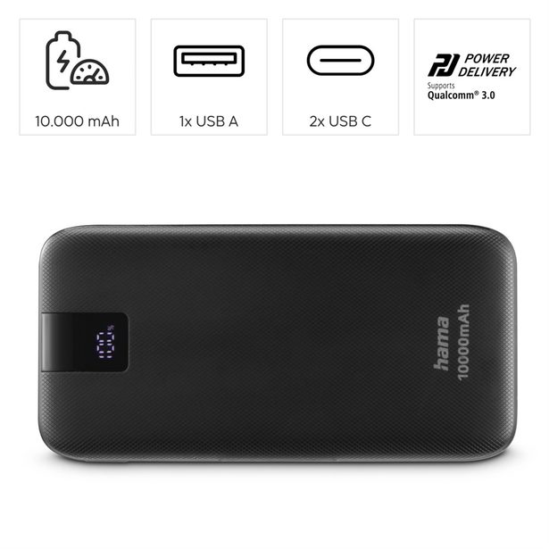 Hama PD 10 powerbanka, 10000 mAh, 3 výstupy: 1x USB-C, 2x USB-A, LED displej, PD, Qualcomm
