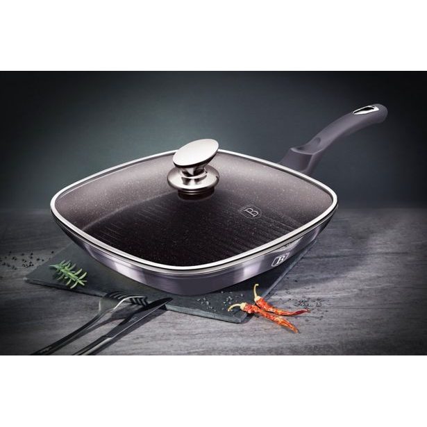 BERLINGERHAUS Pánev grilovací s mramorovým povrchem a poklicí 28 cm Carbon PRO Line BH-6909