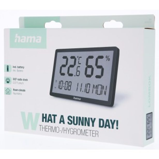Hama Lombok, digitální teploměr/vlhkoměr, DCF hodiny, pro zavěšení/postavení, černý
