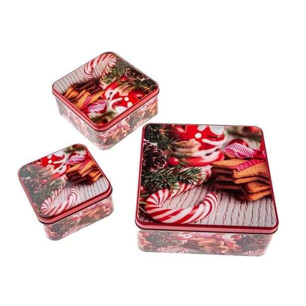 dóza plech. 3ks sada čtverc.CUKROVÍ ČERVENÁ, 20x20xx8cm